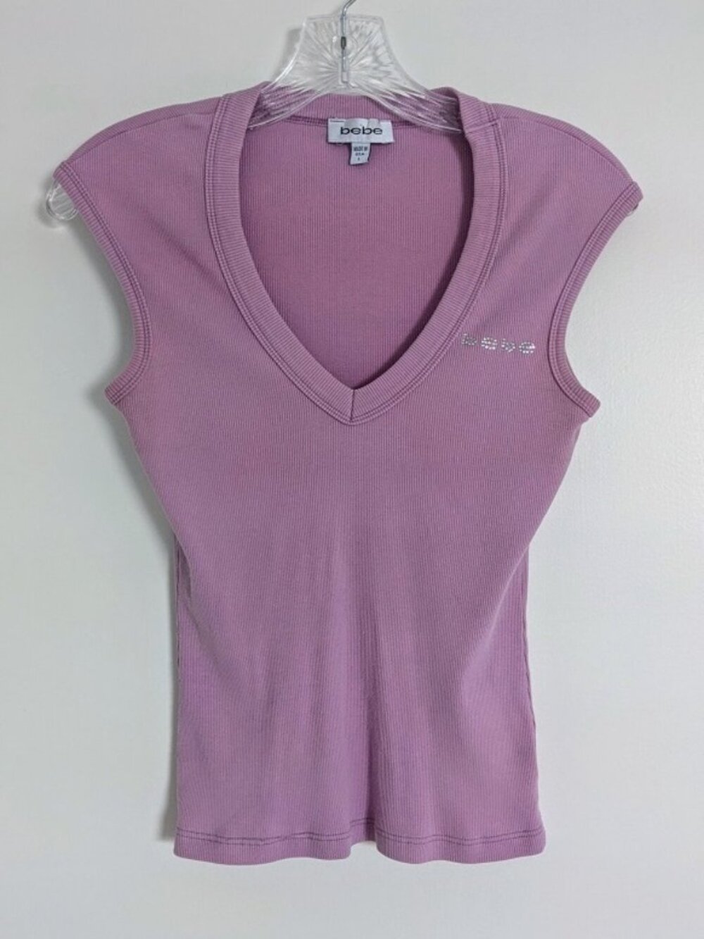 bebe Lavender Sleeveless V-Neck Rib Knit Top, Rhinestone logo, Vintage Y2K